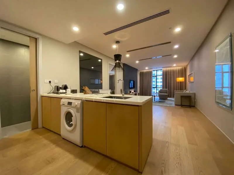 Kitchen features: white cabinetry with wood finish, single-bowl stainless-steel sink, chrome pull-down faucet, built-in oven, stainless-steel range hood, 4-burner gas hob, recessed downlights, pendant light, open shelving, washing machine, wooden flooring, mirror backsplash; style: modern. Living features: floor-to-ceiling windows, curtains, sofa, coffee table, TV console, area rug, wooden flooring, recessed downlights; style: modern; view: city.