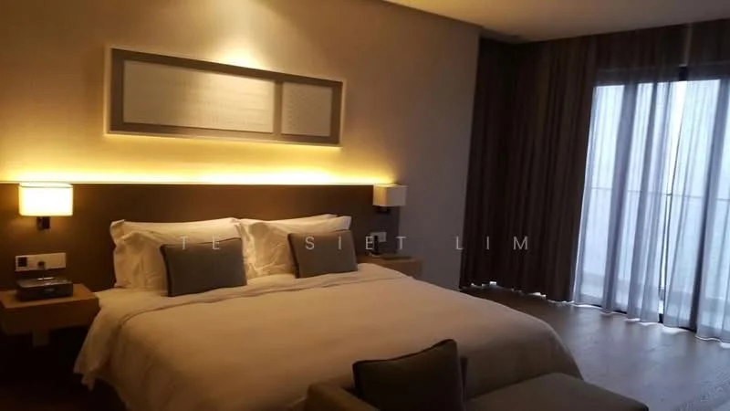 Bedroom features: king-size bed with white bedding, upholstered headboard, two bedside lamps, wooden bedside tables, floor-to-ceiling windows, sheer curtains, dark grey curtains, wooden flooring, wall-mounted artwork, recessed lighting; style: modern.