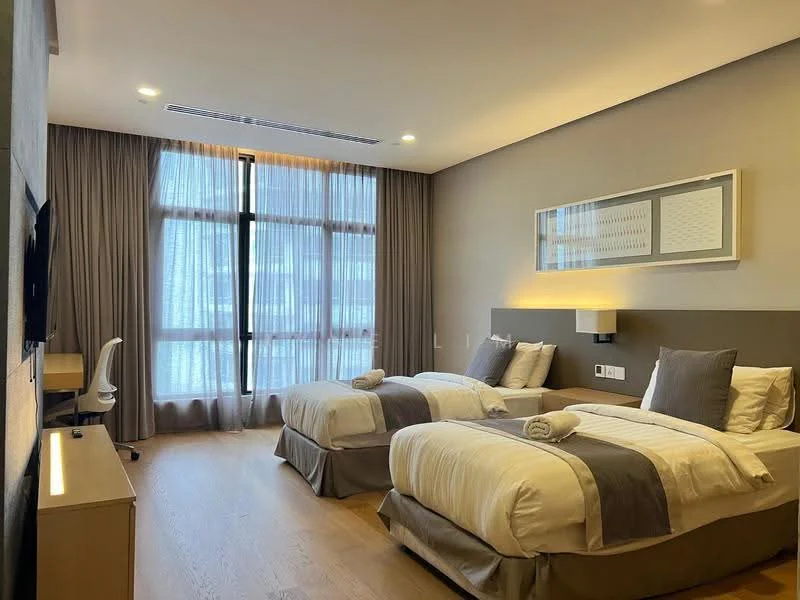 Bedroom features: two single beds with white bedding and grey accents, upholstered headboards, bedside lamps, large window with sheer curtains, wooden flooring, wall-mounted TV, desk with chair, built-in wardrobe, decorative wall art, recessed lighting, light grey painted walls; style: modern.