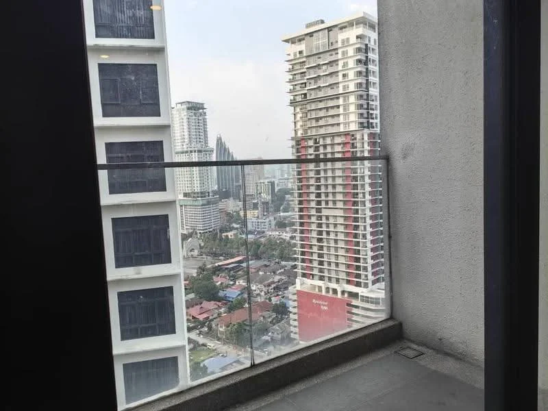 Room features: glass balcony railing, concrete flooring, city skyline view, high-rise buildings visible, outdoor space; style: modern; view: city.