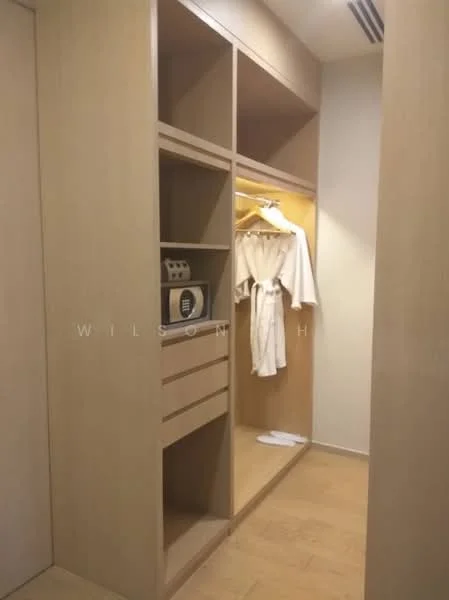 Room features: built-in wardrobe with open shelving, wooden cabinetry, hanging space for clothes, drawers for storage, light-colored wood finish, robe hanging on hook, small safe, flooring in light wood, soft lighting; style: modern.