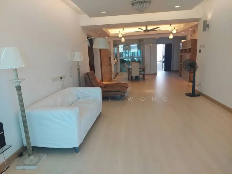 Living features: white painted walls, light wood flooring, recessed downlights, 5-blade ceiling fan with light, chandelier, floor-to-ceiling windows, sliding glass door, cream fabric sofa, single armchair, dining table with chairs, decorative wall, open layout; style: modern; view: city.