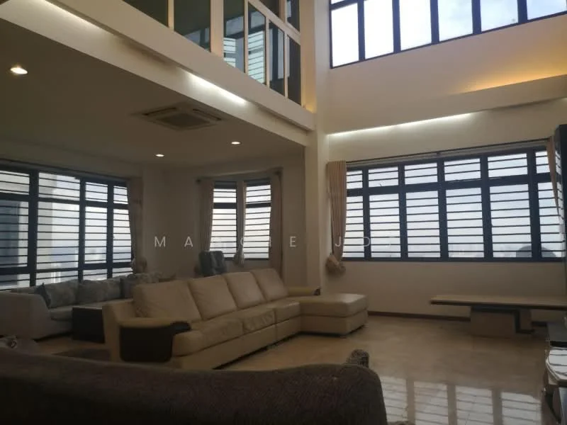 Living features: large sectional sofa in beige, coffee table, wall-mounted TV, floor-to-ceiling windows, horizontal louvered window treatments, marble tile flooring, recessed downlights, air conditioning unit, decorative wall with light, neutral wall color, curtains in light fabric; style: modern; view: city.