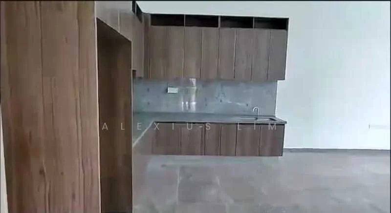 Kitchen features: wood cabinetry, grey stone countertop, single-bowl stainless-steel sink, wall-mounted faucet, open shelving, tile backsplash, marble tile flooring, recessed lighting; style: modern.