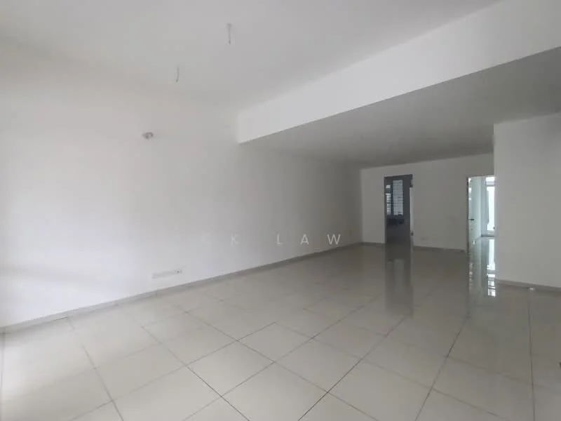 Room features: white painted walls, polished ceramic tile flooring, recessed downlights, open space layout, large windows, neutral color scheme, no visible furniture, high ceiling; style: modern.