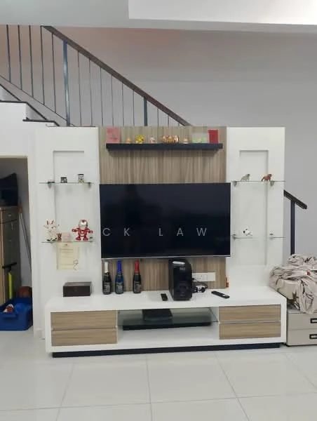 Living features: white wall-mounted TV unit, large flat-screen TV, wooden accent panel, glass display shelves, decorative figurines, white lower cabinets with wood accents, black coffee machine, bottles of wine on display, white tiled flooring, staircase in background; style: modern.