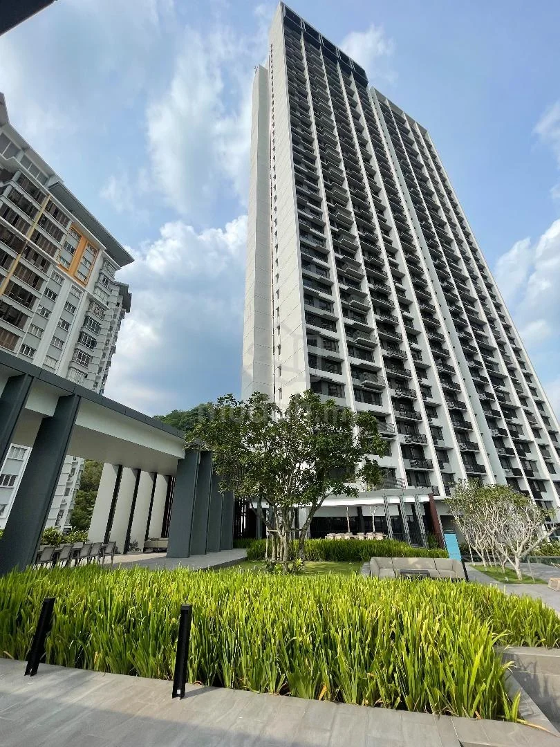 Exterior type: high-rise condominium; features: glass curtain wall, recessed balconies, manicured lawn, mature trees, stone-paved walkway, outdoor seating area, landscaped garden, modern architectural design; style: modern.