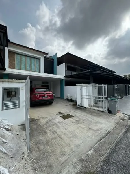 Exterior type: linked terrace house; features: two-storey building, white painted facade, grey roof, car porch with driveway, fenced perimeter, visible garage door, manicured landscaping, paved walkway, large windows, balcony on upper floor, modern architectural design; style: modern.
