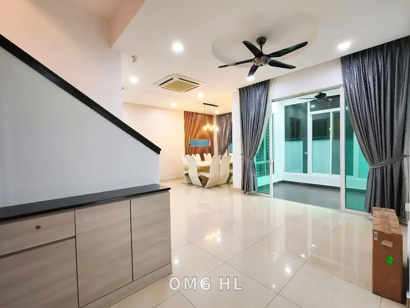 Living features: glossy tile flooring, 5-blade ceiling fan with light, recessed downlights, large sliding glass door, floor-to-ceiling windows, grey curtains, dining area with 6-seater dining table, wall-mounted air conditioning unit, neutral painted walls, open layout to balcony; style: modern; view: garden. Room features: staircase with wooden railing, built-in cabinetry.