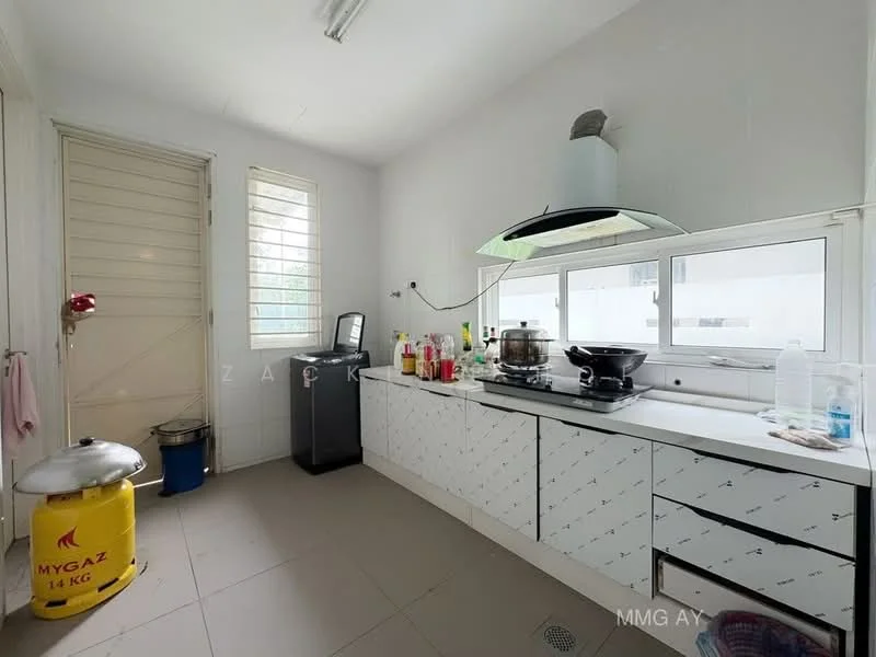 Kitchen features: white cabinetry with black handles, stainless-steel sink, chrome pull-down faucet, built-in stove, exhaust hood, countertop with tile backsplash, window with horizontal slats, grey tiled flooring, kitchen utensils on countertop, gas cylinder, wall-mounted storage, door leading to outside, light fixtures on ceiling; style: modern.