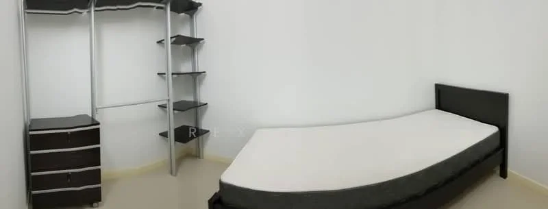 Bedroom features: single bed frame with mattress, black headboard, white walls, light-colored flooring, metal shelving unit, black chest of drawers, open closet space, minimalist decor; style: minimalist.