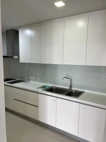 Kitchen features: white cabinetry, double-bowl stainless-steel sink, chrome pull-down faucet, grey mosaic tile backsplash, built-in oven, 4-burner gas hob, stainless-steel range hood, white countertop, recessed downlights, ceramic tile flooring; style: modern.