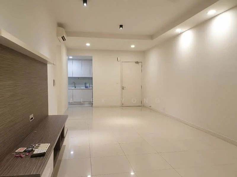 Living features: white painted walls, polished ceramic tile flooring, recessed downlights, 1 wall-mounted split AC, door leading to kitchen, feature wall with wood paneling, neutral color scheme, open layout; style: modern.