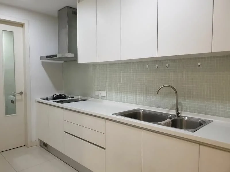 Kitchen features: white cabinetry, stainless-steel sink, chrome pull-down faucet, granite countertop, glass tile backsplash, built-in gas hob, stainless-steel range hood, white tiled flooring, recessed downlights, wall-mounted cabinets, drawer storage; style: modern.