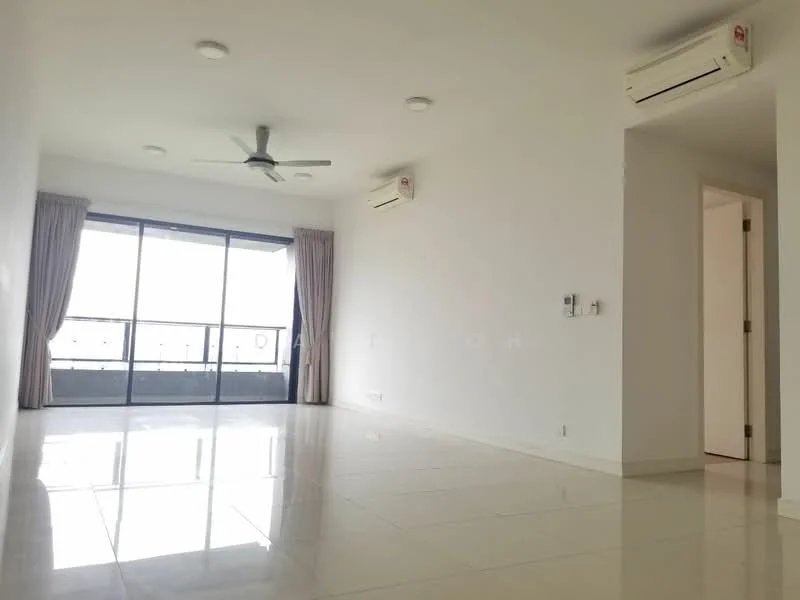 Living features: white painted walls, glossy tile flooring, 5-blade ceiling fan with light, floor-to-ceiling windows, curtains, 2 wall-mounted split ACs, recessed downlights; style: modern; view: city.