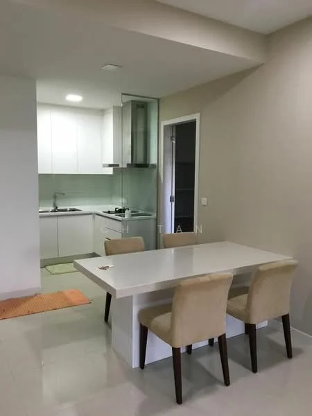 Kitchen features: white cabinetry, marble countertop, stainless-steel sink, chrome pull-down faucet, built-in oven, 4-burner gas hob, refrigerator, white tiled backsplash, under-cabinet lighting, light-colored walls, tile flooring; style: modern. Dining features: rectangular dining table, 4 upholstered dining chairs, neutral color scheme, light fixture above table; style: modern.