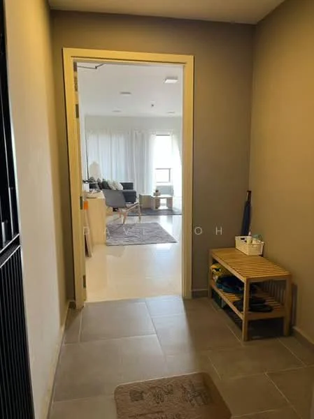 Room features: grey tiled flooring, light beige painted walls, wooden shoe rack, doormat, door leading to living area, natural light from window, white curtains, recessed ceiling lights; style: modern; view: living area.