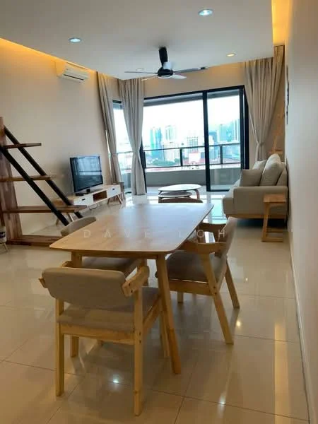 Living features: white painted walls, glossy tile flooring, 5-blade ceiling fan with light, sofa in light grey fabric, wooden coffee table, TV console, wall-mounted TV, floor-to-ceiling windows, curtains, open shelving unit, decorative wall art; style: modern; view: city.