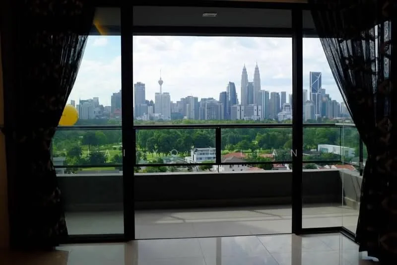 Room features: floor-to-ceiling sliding glass door, blackout curtains, city skyline view, balcony, ceramic tile flooring; style: modern; view: city.