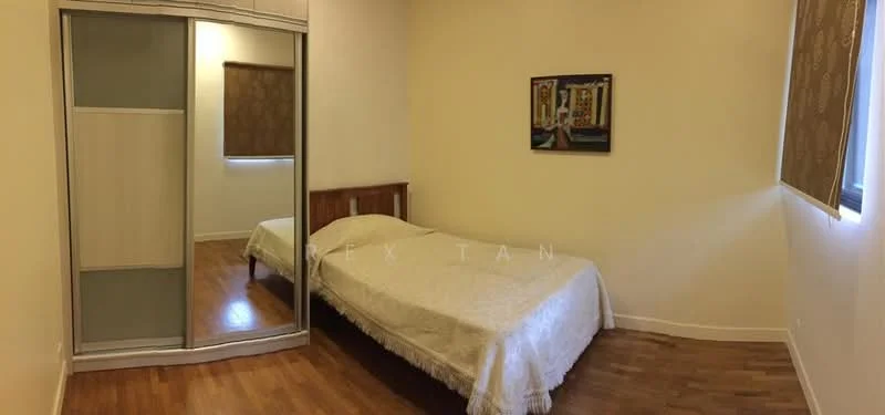 Bedroom features: wooden flooring, white painted walls, queen-size bed with white bedding, sliding mirror wardrobe, decorative painting on wall, window with roller blinds, natural light from window.