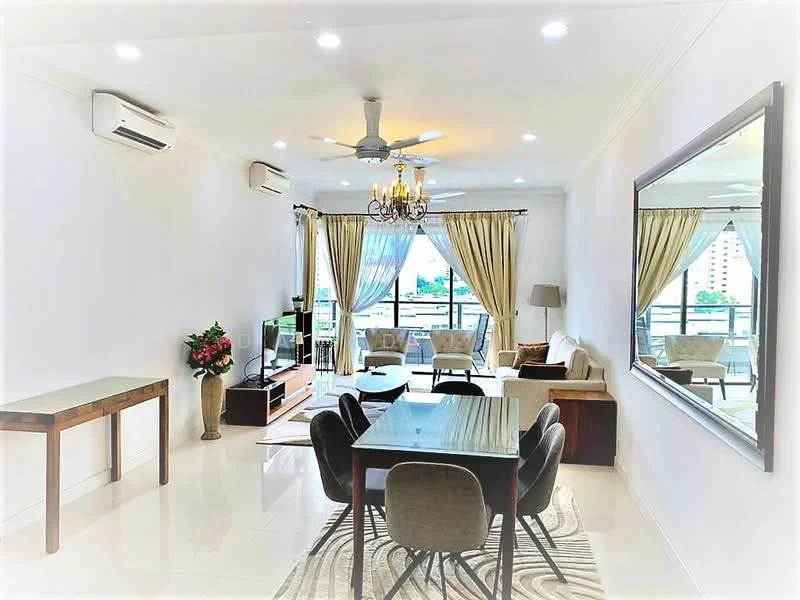Living features: white painted walls, polished tile flooring, 5-blade ceiling fan with light, chandelier, floor-to-ceiling windows, sheer curtains, dark wood coffee table, beige fabric sofa, brown leather armchair, dining table with 6 chairs, decorative mirror, potted plants; style: modern; view: city.