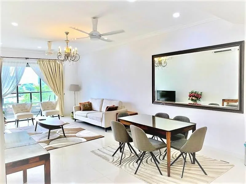 Living features: 3-seater fabric sofa in cream, 2 armchairs in grey, coffee table with round top, dining table with 6 upholstered chairs, chandelier with multiple bulbs, ceiling fan with light, floor-to-ceiling windows, sheer curtains, area rug with geometric pattern, wall-mounted TV, decorative mirror, decorative flowers in vase; style: modern; view: city.