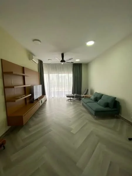 Living features: grey herringbone patterned flooring, white painted walls, 5-blade ceiling fan with light, floor-to-ceiling windows, sheer curtains, green fabric sofa, wooden TV console, wall-mounted TV, armchair, coffee table; style: modern; view: garden.