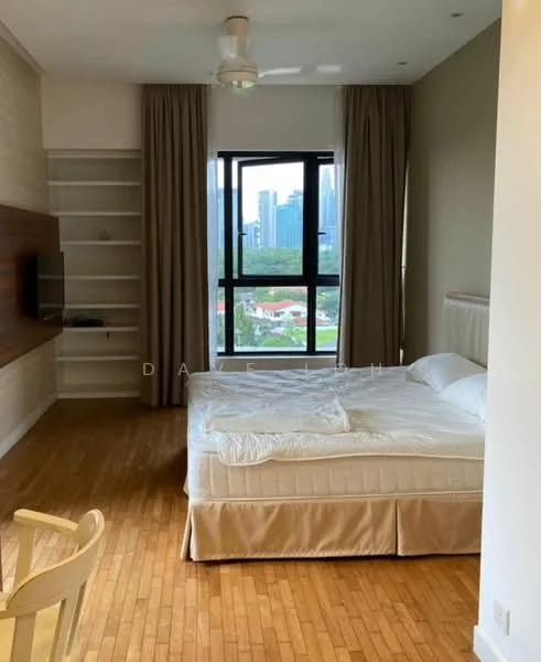 Bedroom features: queen-size bed with beige bed skirt, wooden flooring, floor-to-ceiling window, curtains in light brown, built-in shelving unit, wall-mounted TV, ceiling fan with light, decorative wall paneling, neutral wall color; style: modern; view: city.