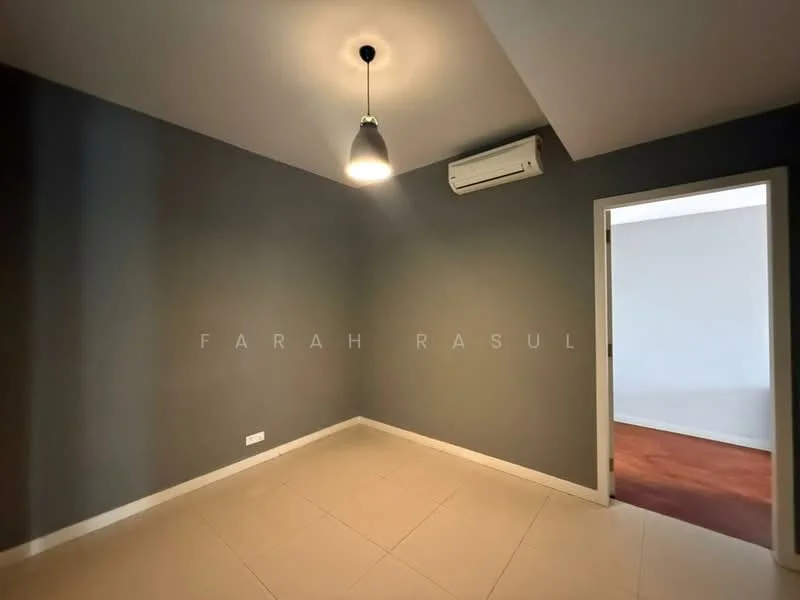 Room features: grey painted walls, tile flooring, 1 wall-mounted split AC, ceiling light fixture, doorway leading to another room.