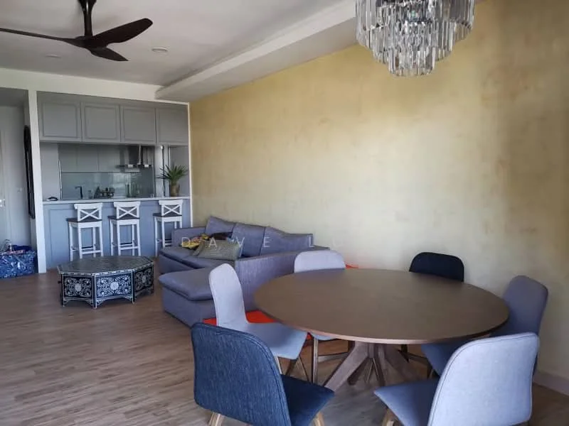 Living features: grey fabric sectional sofa, round wooden dining table, upholstered dining chairs in various colors, wooden flooring, chandelier, open kitchen with bar stools, kitchen cabinetry in light grey, decorative plant on countertop, wall with textured yellow finish, ceiling fan; style: modern.