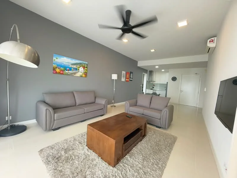 Living features: 2-seater fabric sofa in grey, 3-seater fabric sofa in grey, wooden coffee table, area rug with neutral color, wall-mounted TV, ceiling fan with light, recessed downlights, grey painted walls, white tiled flooring, floor-to-ceiling windows, decorative artwork on wall, lamp beside sofa; style: modern.
