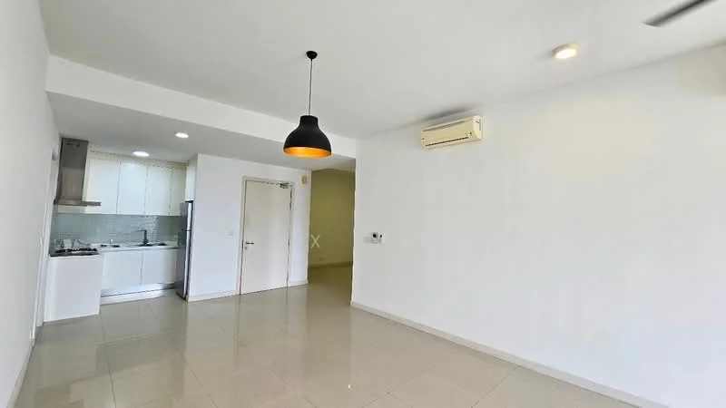 Living features: white painted walls, glossy tile flooring, 5-blade ceiling fan with light, recessed LED downlights, black pendant light, wall-mounted split AC, open layout to kitchen, doorway to other room; style: modern. Kitchen features: white cabinetry, stainless-steel sink, built-in stove, grey backsplash, countertop with space for appliances; style: modern.