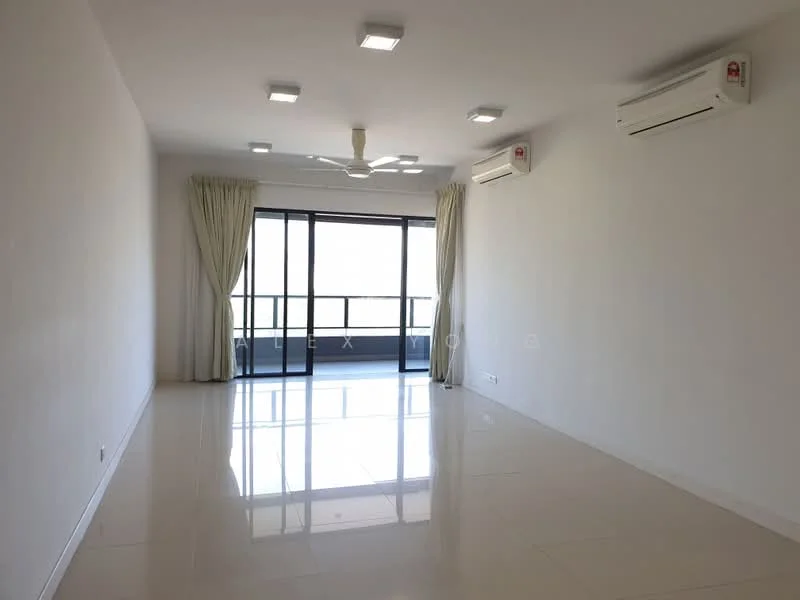 Living features: white painted walls, glossy ceramic tile flooring, 5-blade ceiling fan with light, 2 wall-mounted split AC units, floor-to-ceiling windows, sheer curtains, recessed LED downlights; style: modern.