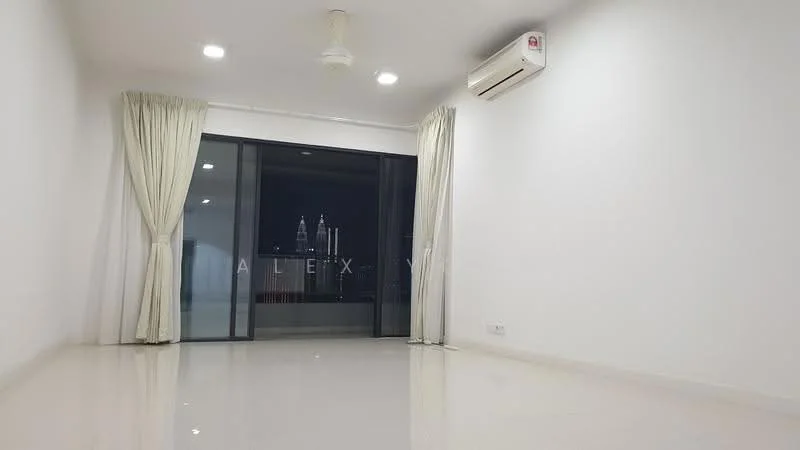 Living features: white painted walls, polished concrete flooring, 5-blade ceiling fan with light, floor-to-ceiling windows, sheer curtains, wall-mounted split AC, city skyline view; style: modern; view: city.