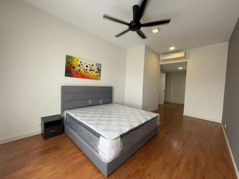Bedroom features: king-size bed, upholstered headboard, nightstand, ceiling fan, wooden flooring, painted walls in light color, decorative artwork on wall, built-in wardrobe, air conditioning unit; style: modern.