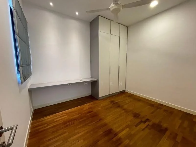 Bedroom features: wooden flooring, white painted walls, built-in wardrobe with sliding doors, ceiling fan, window with curtain, desk area, recessed lighting; style: modern.