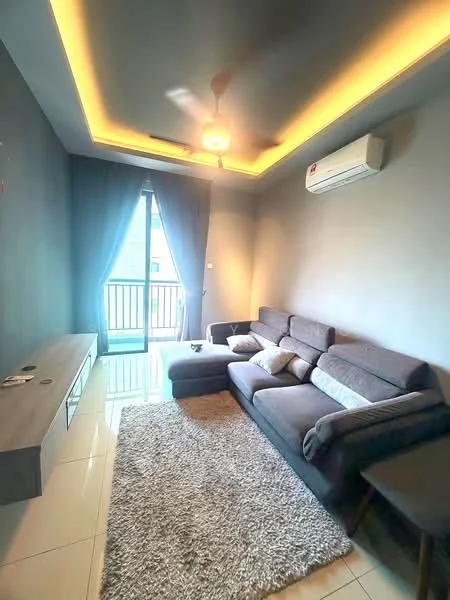 Living features: grey fabric sectional sofa, 3-seater sofa, coffee table, TV console, area rug with geometric pattern, 5-blade ceiling fan with light, wall-mounted air conditioning unit, floor-to-ceiling windows, curtains, recessed lighting, polished tile flooring, accent wall in grey; style: modern.