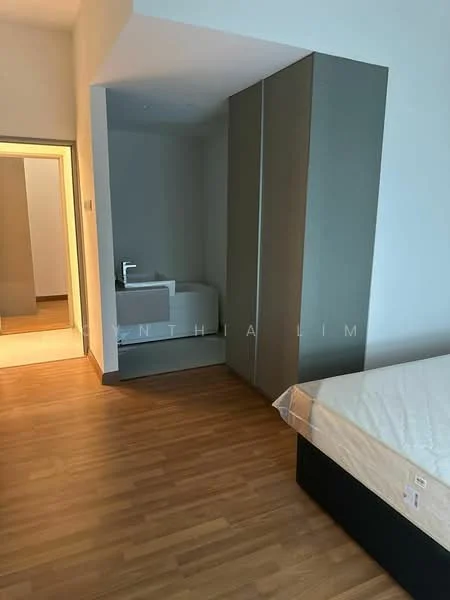 Bedroom features: wooden flooring, built-in wardrobe with sliding doors, queen-size bed base, white walls, recessed ceiling lights, window with natural light, minimalist decor, neutral color palette; style: modern.