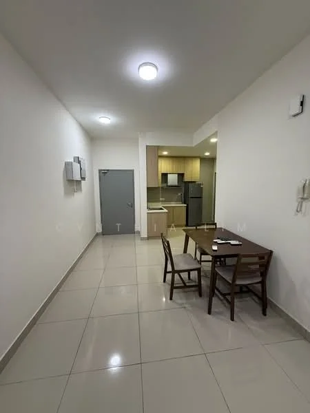 Dining features: white painted walls, glossy ceramic tile flooring, recessed ceiling lights, dining table with two wooden chairs, open kitchen layout, stainless-steel fridge, built-in kitchen cabinets, countertop with backsplash; style: modern.