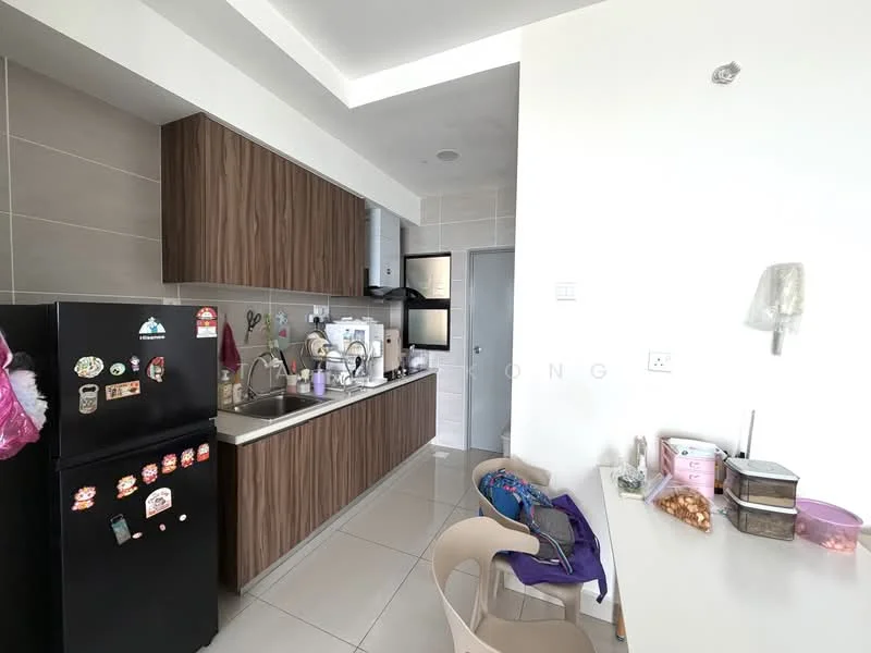 Kitchen features: brown wooden cabinetry, stainless-steel sink, chrome pull-down faucet, black refrigerator, built-in oven, ceramic tile backsplash, white countertop, white walls, recessed downlights, white tiled flooring; style: modern.