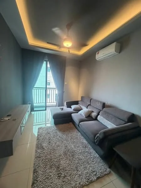 Living features: grey fabric sectional sofa, 3-seater sofa, coffee table, TV console, wall-mounted TV, area rug with shaggy texture, ceiling fan with light, recessed lighting, floor-to-ceiling windows, sliding glass door, curtains, white painted walls, glossy tile flooring, air conditioning unit; style: modern; view: city.