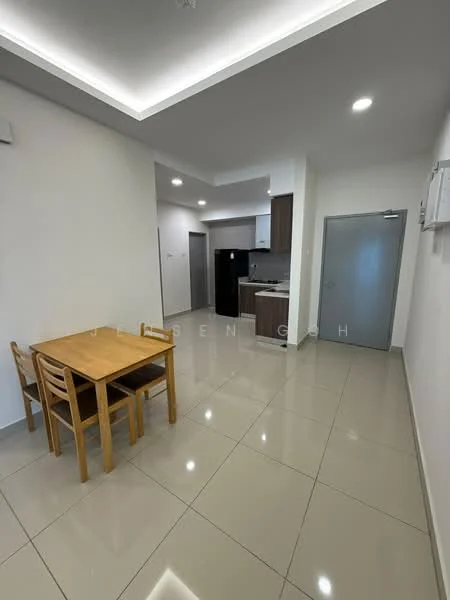 Dining features: dining table with 4 wooden chairs, white painted walls, glossy ceramic tile flooring, recessed ceiling lights, open layout to kitchen, kitchen island with bar seating, door leading to utility area, air conditioning unit; style: modern. Kitchen features: dark wood cabinetry, black refrigerator, built-in oven, stainless-steel sink, chrome pull-down faucet, granite countertop, tile backsplash, 2-burner gas hob; style: modern.