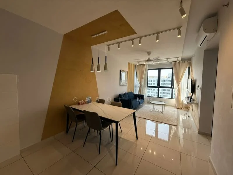Living features: grey fabric sofa, 3-seater sofa, area rug, white dining table, 4 dining chairs, pendant lighting, recessed ceiling lights, floor-to-ceiling windows, curtains, wall-mounted air conditioning unit, light-coloured walls, glossy tile flooring, decorative wall with wood paneling; style: modern; view: city.