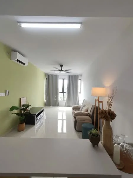 Living features: white painted walls, green accent wall, polished tile flooring, 5-blade ceiling fan with light, wall-mounted air conditioning unit, sofa in beige, coffee table, TV console in white, floor-to-ceiling windows with sheer curtains, decorative plant in pot, decorative vase, table lamp; style: modern; view: city.