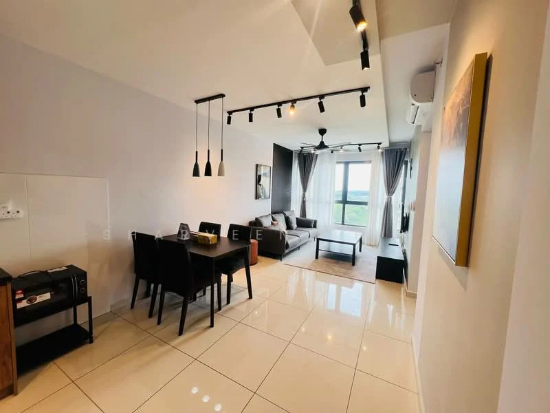 Living features: grey fabric sofa, 3-seater sofa, coffee table, area rug, floor-to-ceiling windows, city view, recessed LED downlights, ceiling fan, wall-mounted air conditioning unit, decorative artwork, light-colored walls, glossy tile flooring; style: modern; view: city. Dining features: 4-seater dining table, black dining chairs, pendant lighting, wooden sideboard, decorative items on sideboard; style: modern.