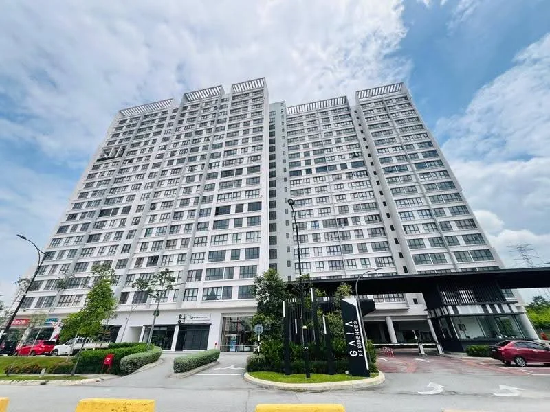 Exterior type: high-rise condominium; features: glass curtain wall, white painted facade, recessed balconies, multiple storeys, landscaped garden at base, driveway with interlocking pavers, main entrance with awning, surrounded by greenery; style: modern.