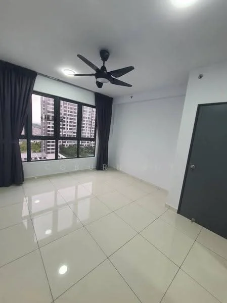 Room features: white painted walls, glossy ceramic tile flooring, 5-blade ceiling fan with light, floor-to-ceiling windows, blackout curtains, city view, single door, recessed lighting; style: modern; view: city.