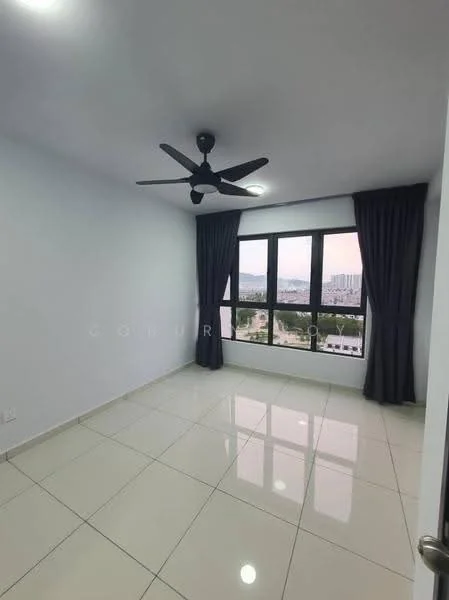 Room features: white painted walls, glossy ceramic tile flooring, 5-blade ceiling fan with light, floor-to-ceiling windows, blackout curtains, city view; style: modern; view: city.