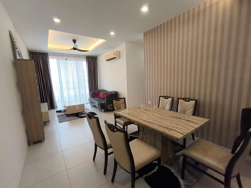 Dining features: 6-seater dining table with marble top, upholstered dining chairs, ceiling fan with light, wall-mounted air conditioning unit, striped wallpaper, large window with sheer curtains, tile flooring, decorative area rug; style: modern; view: city. Living features: 3-seater fabric sofa in grey, coffee table, TV console, wall-mounted TV, large window with sheer curtains, tile flooring; style: modern; view: city.