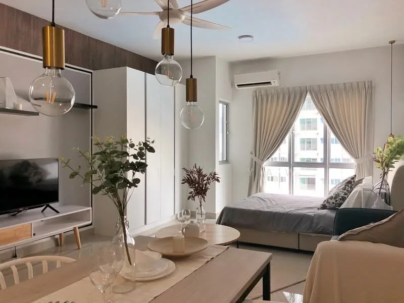 Living features: sofa in light grey fabric, 3-seater sofa, coffee table, TV console with wall-mounted TV, pendant lighting with glass globes, ceiling fan, floor-to-ceiling windows, curtains in light fabric, decorative plants in vases, dining table with white chairs, built-in cabinetry with white finish, wood accent wall, polished tile flooring, air conditioning unit; style: modern; view: city.